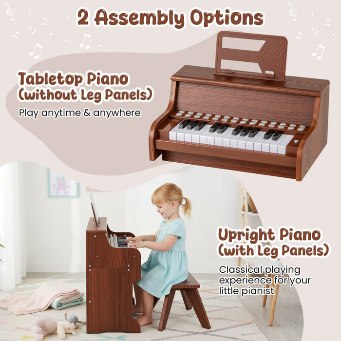 Costway Piano Numerique 25 Touches avec Pupitre, Tabouret, Touches Retroeclairees et Mode Enseignement pour Enfants des 3 Ans - Marron