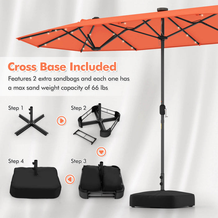 Costway Parasol de patio double face de 13 pieds avec lumieres solaires, manivelle, base de parasol orange