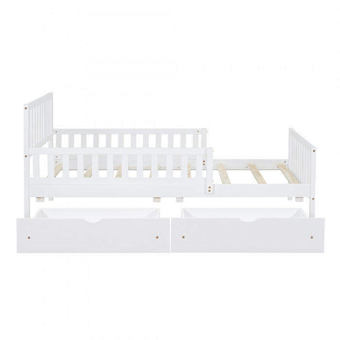 Emma – Lit Plateforme en Bois avec Barrieres de Protection et Tiroirs de Rangement, Format Simple - Blanc