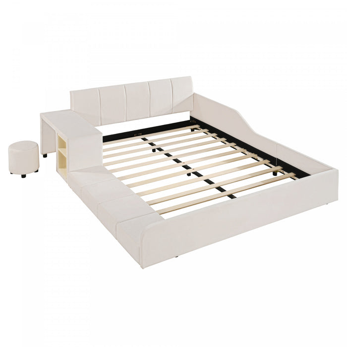 Lit Lily en velours rembourre avec bureau et tabouret, taille Queen, beige