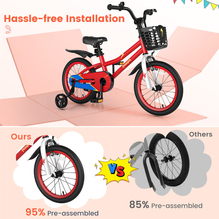 Velo Costway 16\" Pour Enfants Avec Roues D'entrainement Amovibles Et Panier Pour 4-7 Ans Rouge