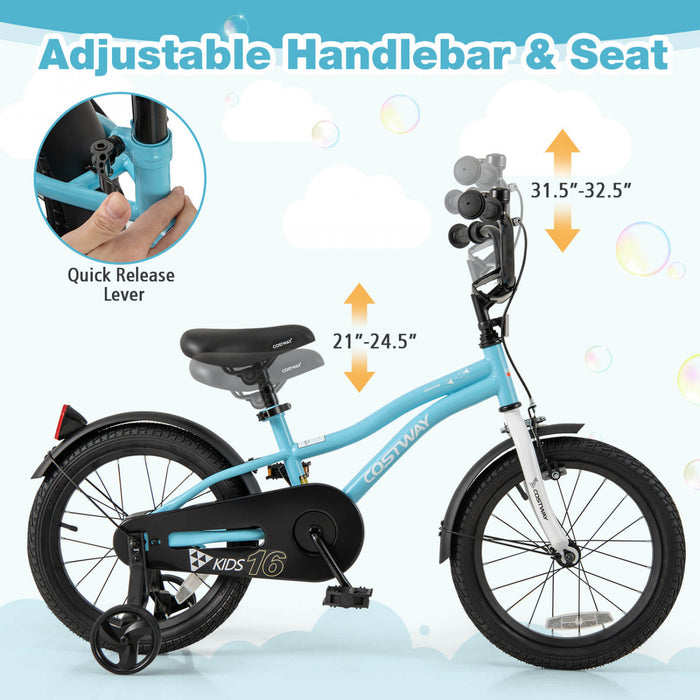 Velo Costway 16\" Pour Enfants Pour Garcons Et Filles De 4 A 7 Ans Avec Reflecteurs De Frein A Main Reglables Bleu