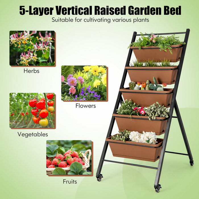 Costway 5-tier Vertical Raised Garden Bed Elevated Planter Avec Roues Et Boites A Conteneurs