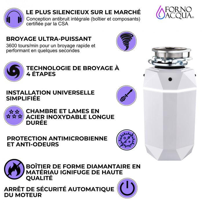 BrightDIAMOND 1HP Broyeur ultra-silencieux, DEL sous armoire, cordon/interrupteur, Blanc- WDD100TA1BO