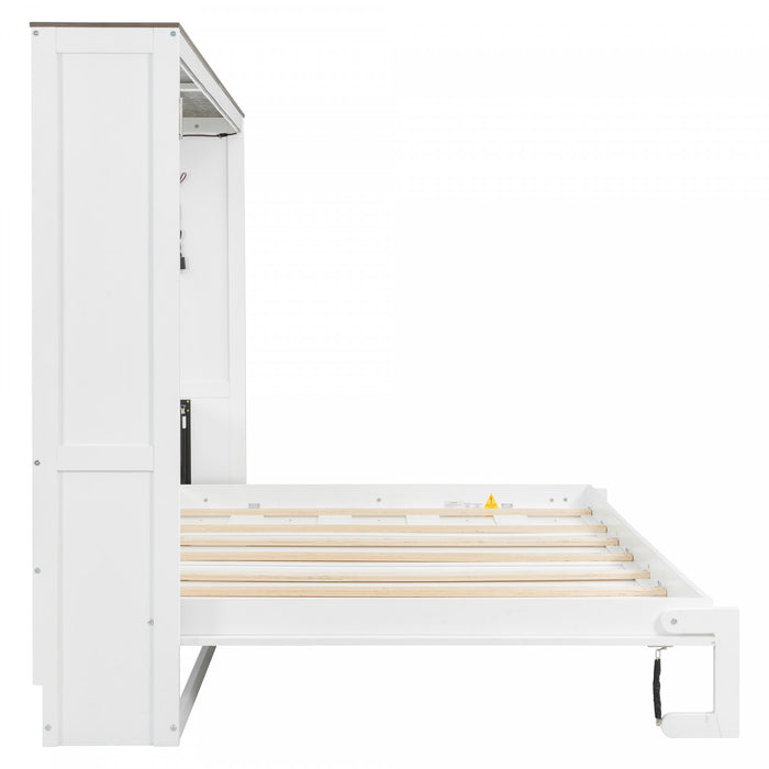 Lit escamotable Olivia en bois massif avec lumiere LED et armoire pliante, taille queen, blanc