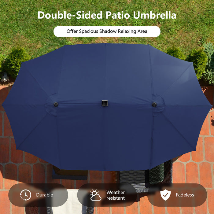 Costway Parasol double face jumeau 15FT pour patio avec 48 LED solaires a manivelle Navy
