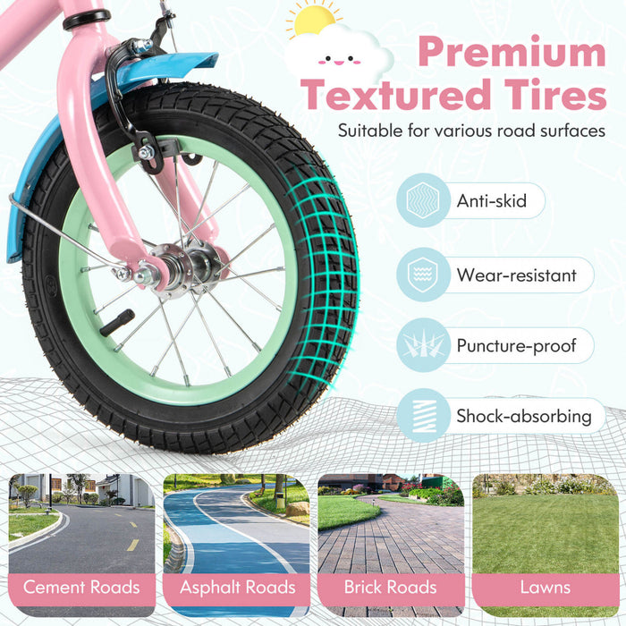 Costway 12\" Velo Pour Enfants Avec Guidon Reglable De Selle Roues D'entrainement Amovibles Frein A Main Rose