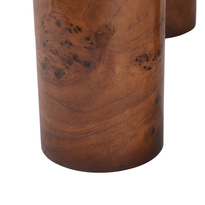 Table basse ronde moderne Lira 31,5 pouces placage bois a trois pieds cylindriques, brun