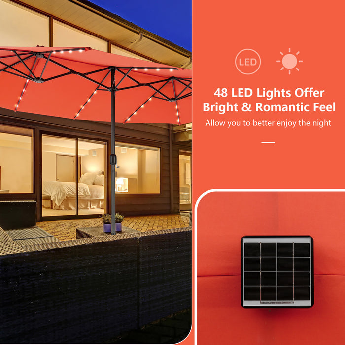Costway Parasol double face jumeau 15FT pour patio avec 48 LED solaires a manivelle Orange