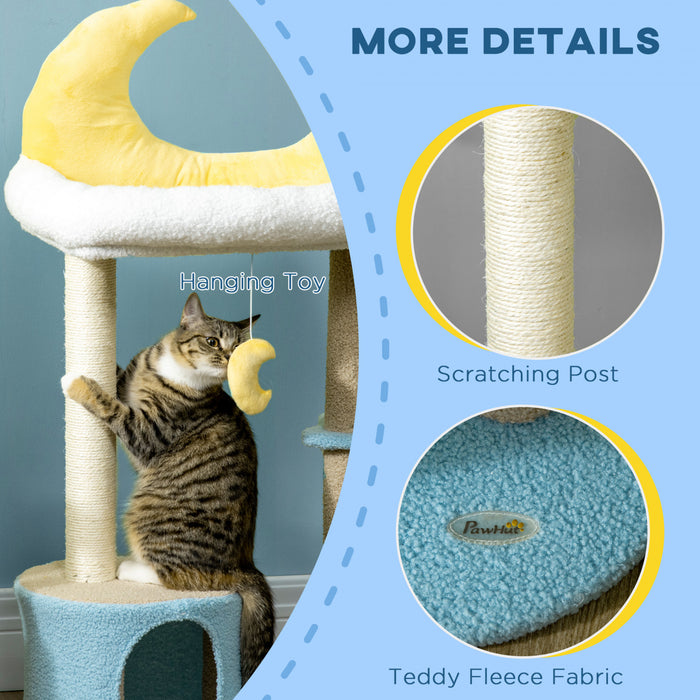 Pawhut 41\" Arbre A Chat Pour Chats D'interieur Avec Maison Et Lit En Peluche Polaire, Tour Pour Chaton Avec Griffoir, Jouet Suspendu En Forme De Lune, Plate-forme Etoile, Bleu