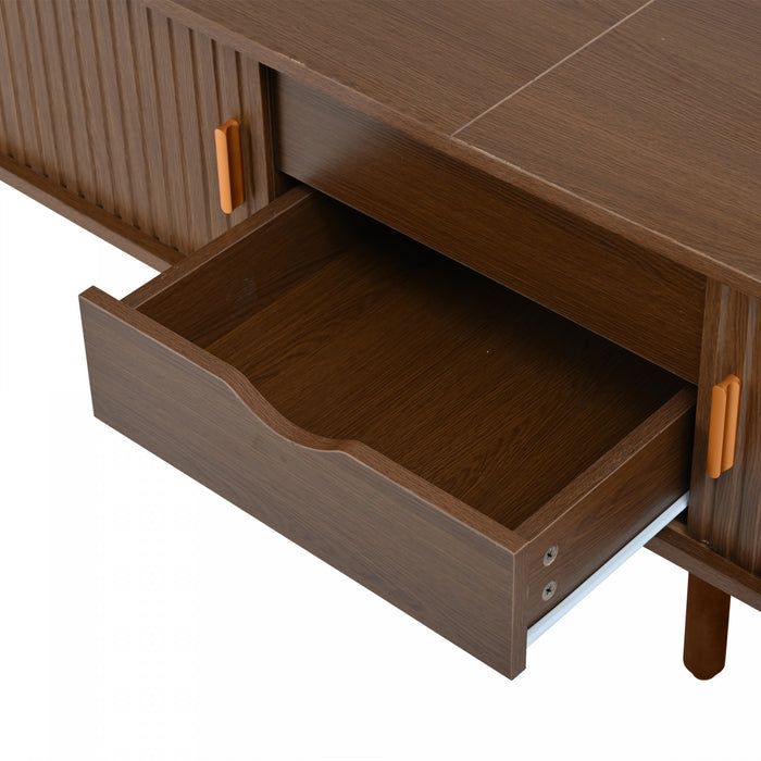 Ethan meuble TV ovale – meuble multimedia avec portes coulissantes et tiroirs, finition chene fonce