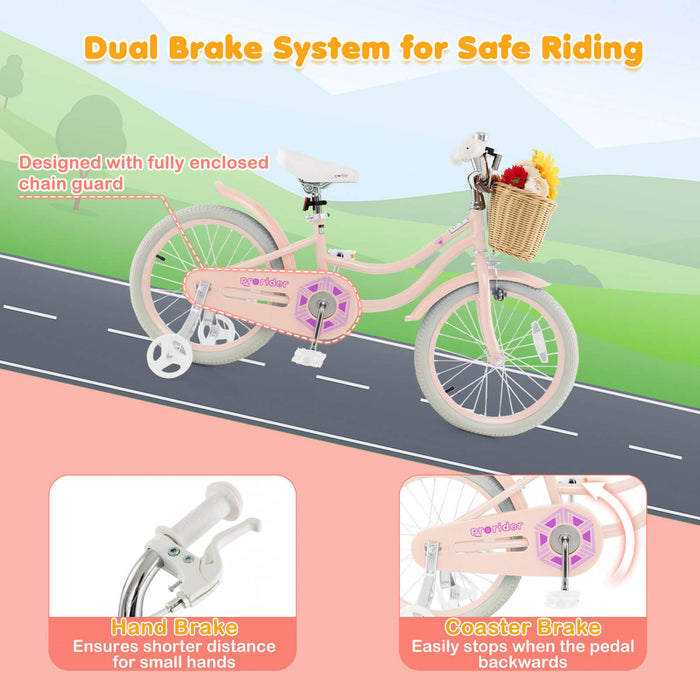 Costway 18\" Velo Enfant Avec Roues D'entrainement Reglable Guidon Siege Frein A Main Rose
