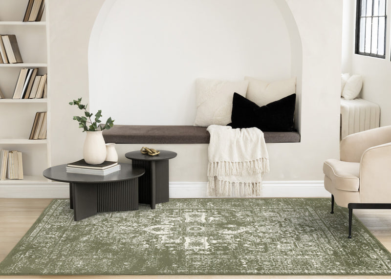 Tapis Florence vert et blanc elegant et classique, 6'7\" x 9'6\"