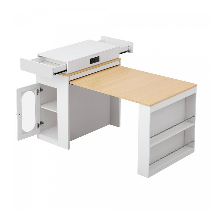 Table a manger extensible Logan avec plateau pliant et tiroirs de rangement, blanc