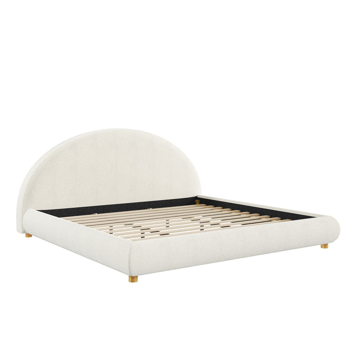 Lit plateforme Harold avec tete de lit incurvee ronde en tapisserie bouclee et cadre bas, taille King, blanc