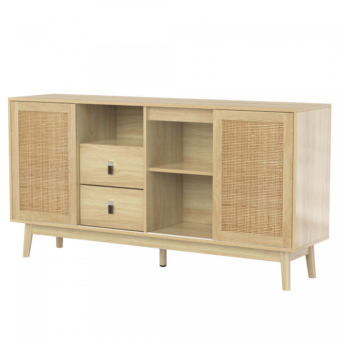 Oliver 61\" Buffet avec Portes Coulissantes en Rattan et Tiroirs, Naturel