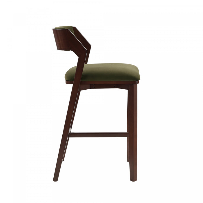 Tabouret de bar moderne Patricia en bois avec revetement en tissu vert tortue
