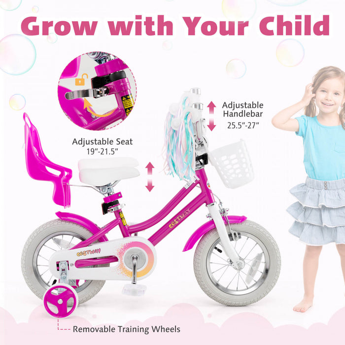 Costway 12 Pouces Enfants Velo Avec Roues D'entrainement Poupee Siege Panier Streamers Frein A Main Rose