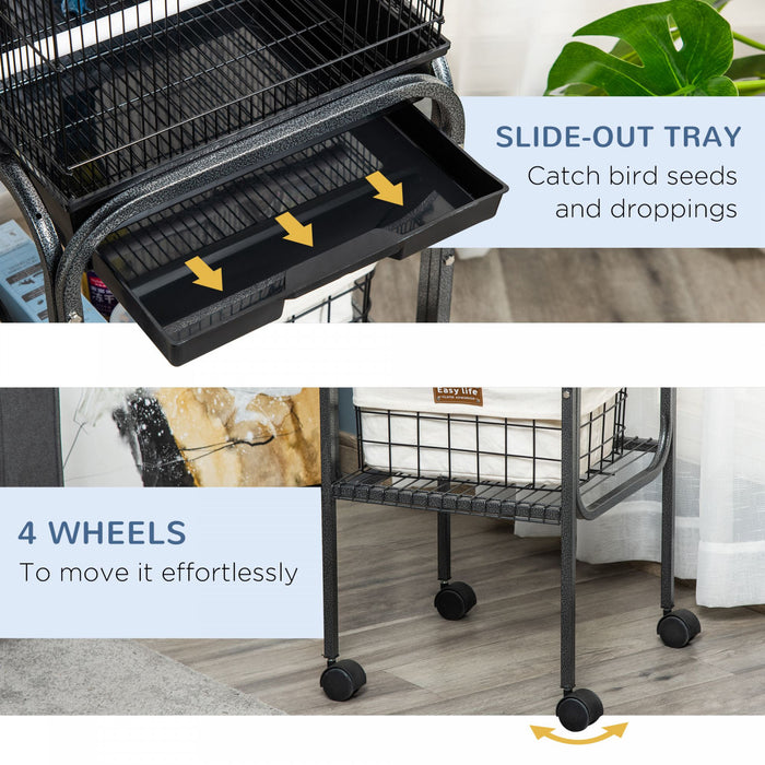 Pawhut 44,5\"h Support De Spot De Jeu Pour Perroquet En Metal Avec Cage A Oiseaux Avec Etagere De Rangement Pour Roues Multi-portes Noir