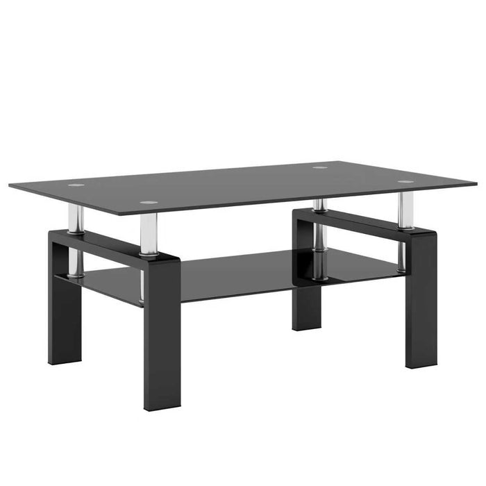 Table basse moderne rectangulaire en verre trempe transparent Liam, avec pieds noirs