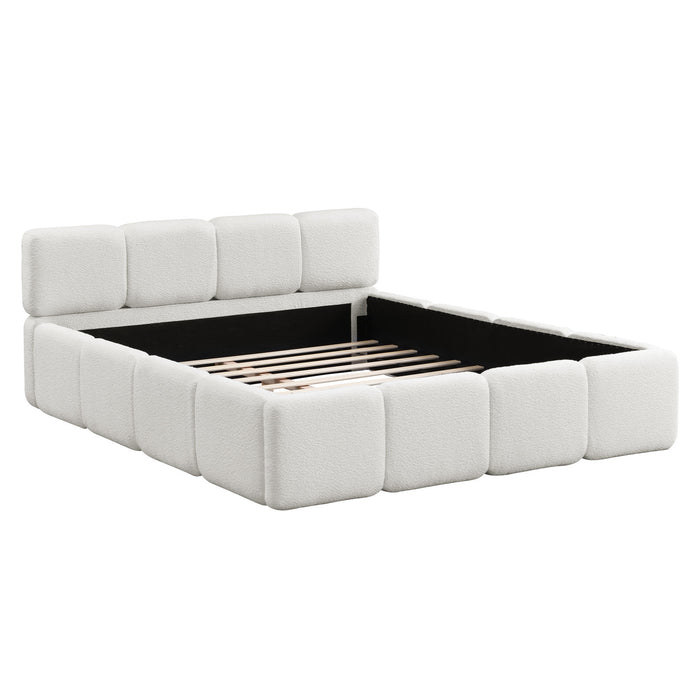 Lit plateforme Aiden avec cadre rembourre de soutien en tissu boucle, taille King, blanc