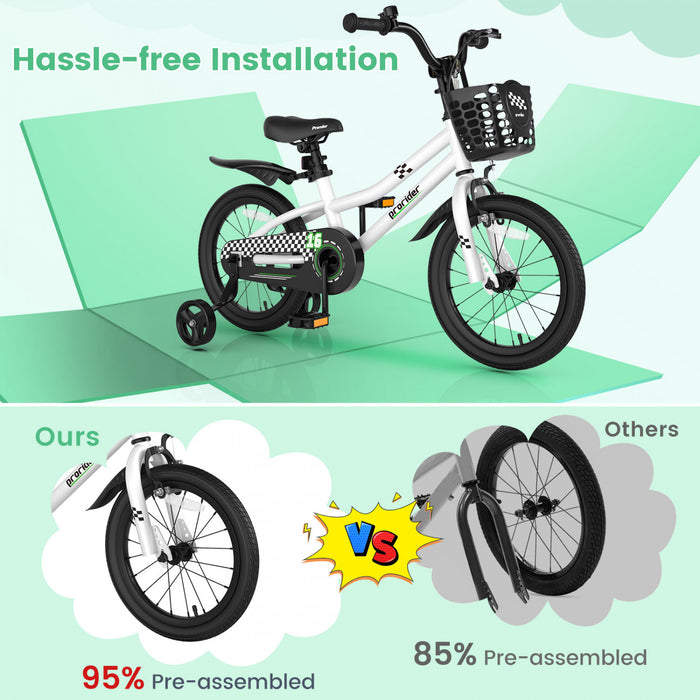 Velo Costway 16\" Pour Enfants Avec Roues D'entrainement Amovibles Et Panier Pour 4-7 Ans Blanc