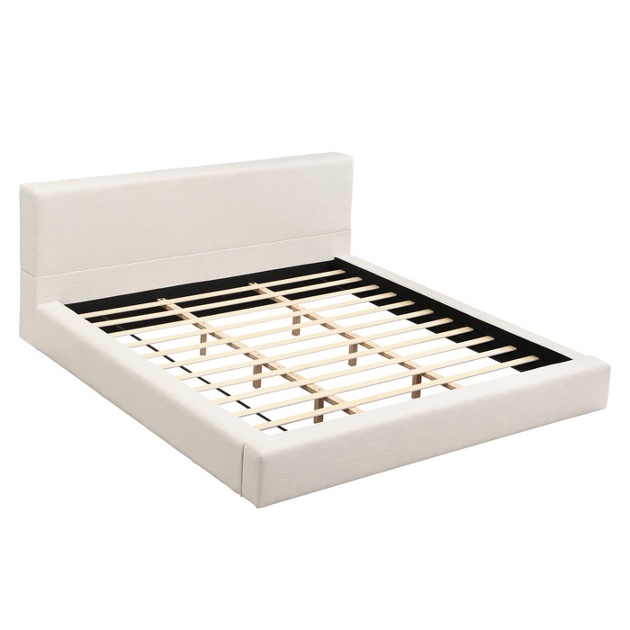 Lit plateforme rembourre Connor avec tete et pied de lit en lin, taille King, beige