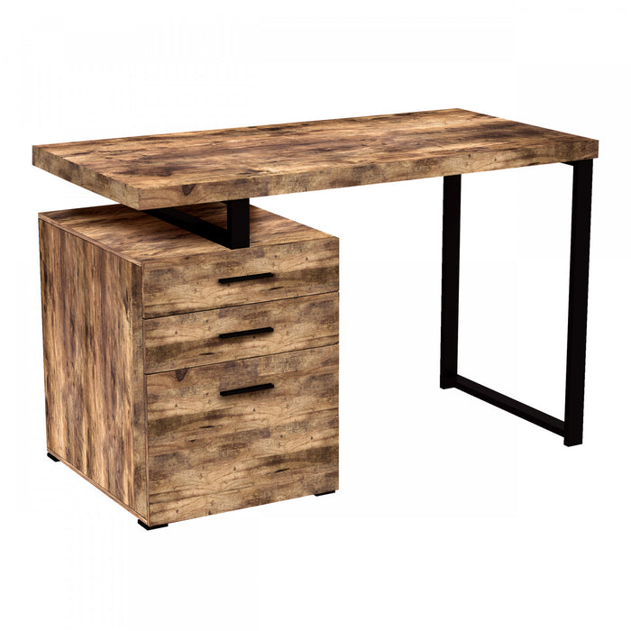 Bureau d’ordinateur de 47 po avec 3 tiroirs - bois recyclé brun avec base en métal argenté
