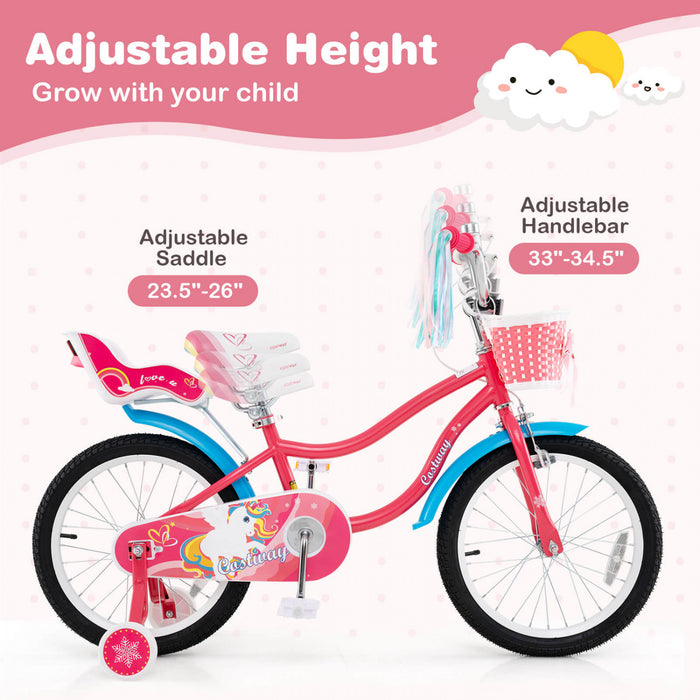 Costway 18\" Velo Pour Enfants De 4 A 8 Ans Avec Siege De Poupee Panier Et Streamers Colores Kickstand Rose