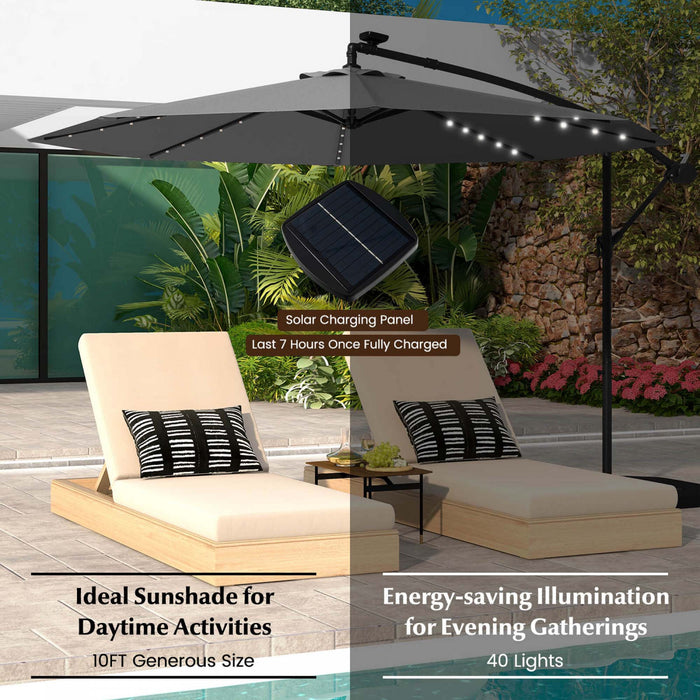 Parasol deporte solaire LED Costway 10 pieds avec 40 lumieres, manivelle et base croisee gris