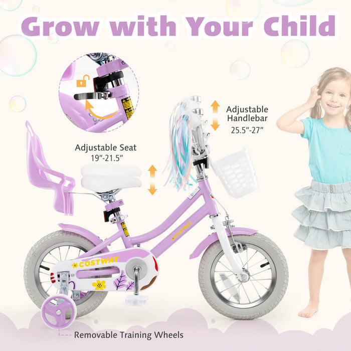 Costway 12 Pouces Enfants Velo Avec Roues D'entrainement Poupee Siege Panier Streamers Frein A Main Violet