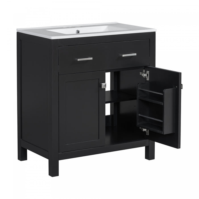 Meuble de salle de bain moderne Baker 30 pouces avec lavabo ceramique et rangement, noir