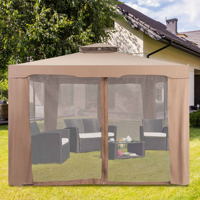 Tonnelle Pavillon De Jardin En Fer Et Polyester, Tente De Reception Avec Moustiquaire Et Toiles Laterales Amovibles Et Impermeables, Tente De Jardin A 4 Cotes 300 X 300 X 200/265 Cm, Beige&brun
