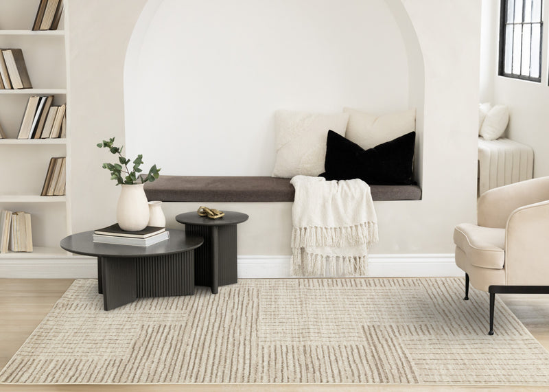 Tapis Florence Brown Cream a motif geometrique a lignes lineaires, 7'9\" x 10'6\"