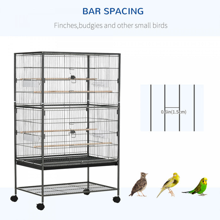 Pawhut Grande Cage A Oiseaux En Acier De 52'' Avec Support Roulant, Etagere De Rangement, Perchoir En Bois, Contenant A Nourriture, Gris Fonce