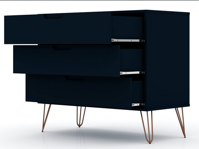 Commode Rockefeller Mid-Century Modern 89 cm en bleu minuit (3 tiroirs) – Lot de 2