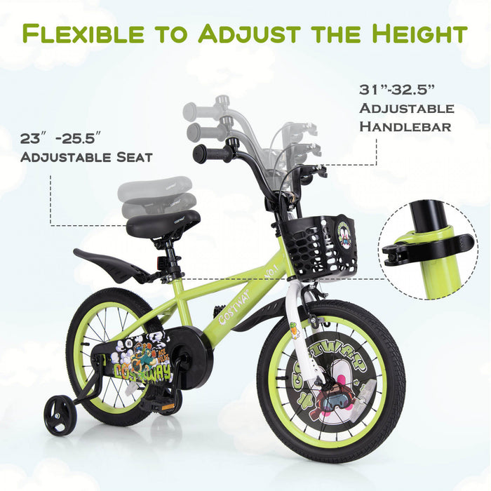 Costway 16\" Velo Pour Enfants Pour 4-7 Avec Guidon Reglable En Hauteur Et Frein A Main En Selle Vert