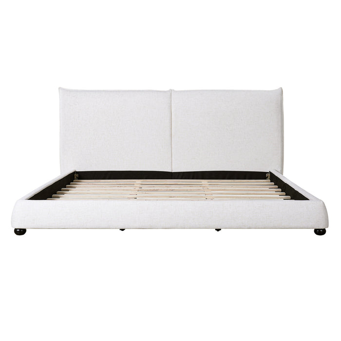 Lit plateforme Mason en tissu melange de lin avec tete de lit rembourree a coussins, taille king, blanc