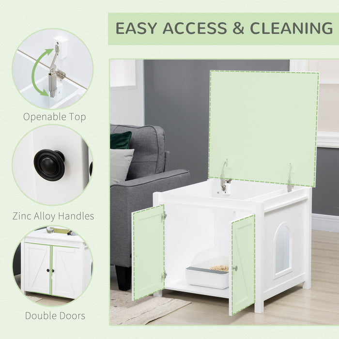 Pawhut Boite A Litiere Pour Chat Avec Dessus Ouvrable, Table D'appoint Pour Le Rangement De La Toilette Du Chat Avec Deux Portes, Poignees En Alliage De Zinc, Pour L'interieur, Blanc