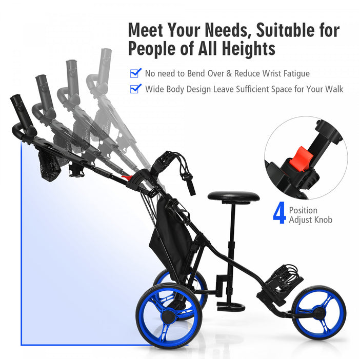 Goplus Pliant 3 Roues Golf Push Cart W/seat Tableau De Bord Poignee Reglable Bleu