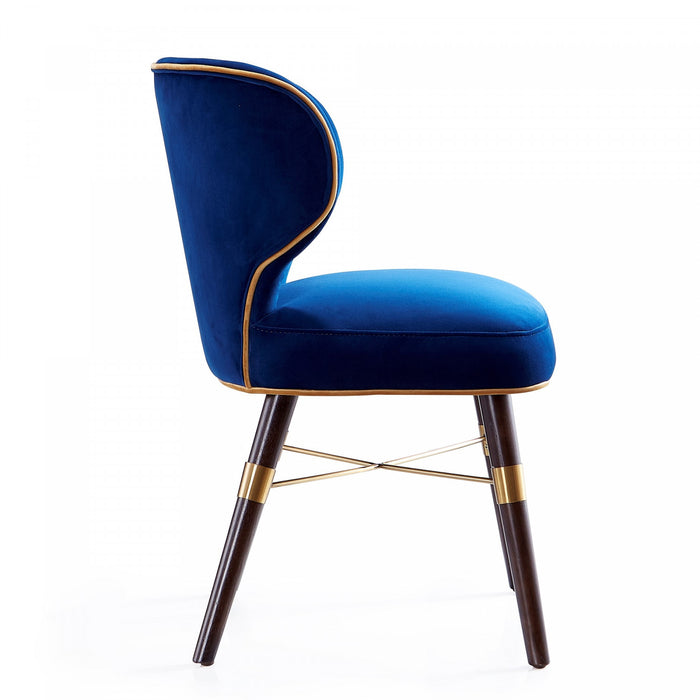 Chaise de salle a manger moderne Strine en bois et tissu bleu et or - Lot de 2