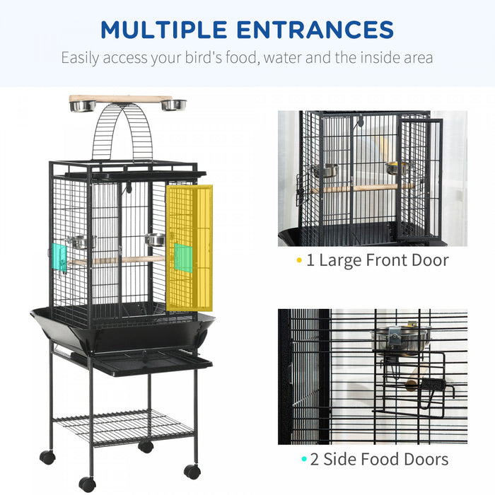 Pawhut Cage A Oiseaux De 61 Pouces Pour Pinsons, Perruches Avec Support, Plateau Coulissant, Dessus De Jeu, Etagere De Rangement, Perchoir En Bois, Recipient Alimentaire