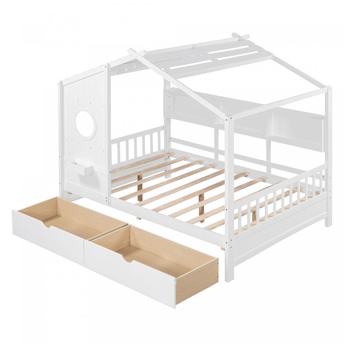 Lit Maison Jeames en Bois avec 2 Tiroirs de Rangement et Etagere, Taille Full - Blanc