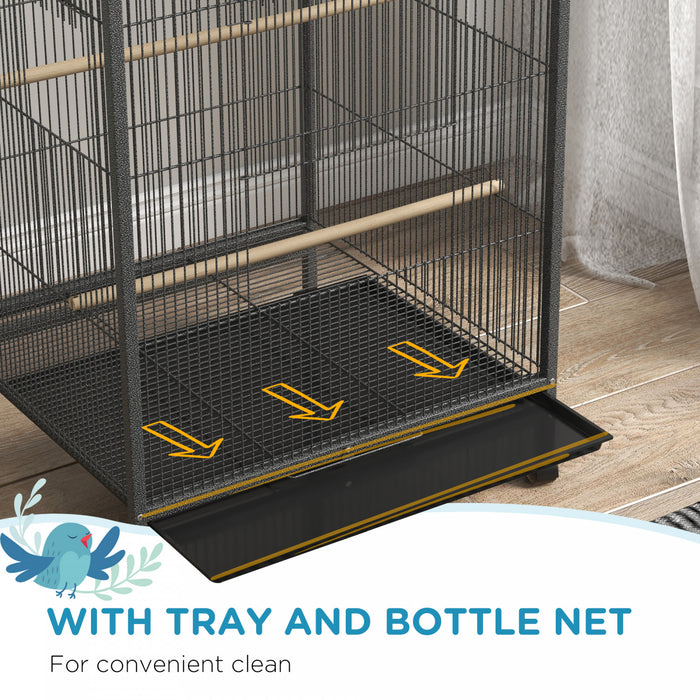 Pawhut Cage A Oiseaux 29\" Avec Support Roulant Pour Perroquets Et Pinsons, Grande Cage A Oiseaux Avec Balancoire Coloree, Bols En Acier Inoxydable, Plateau Amovible – Gris