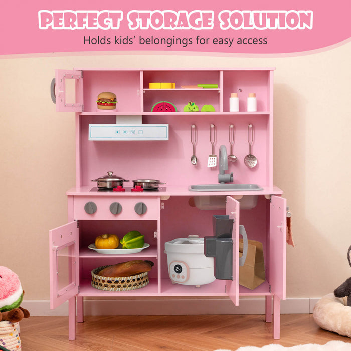 Costway Kids Kitchen Playset En Bois Pretendre Jouer Chef Jouet Avec Micro-ondes Et Accessoires Rose