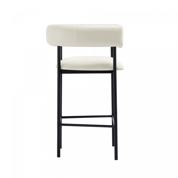 Tabouret de comptoir contemporain Onda en cuir vegetalien et metal, coloris ivoire
