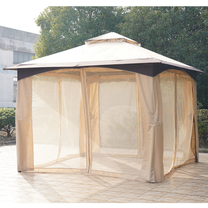 Outsunny 10' X 10' Gazebo Exterieur A Toit Souple Abri De Pavillon Gardem Cadre En Acier Avec Toit Double, Avant-toits, Murs Lateraux En Filet De Pelouse Pare-soleil Beige