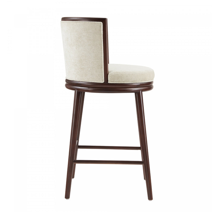 Tabouret de bar moderne en bois avec revetement en tissu creme Evalyn
