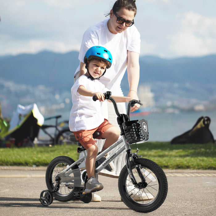 Costway 14\" Velo Pour Enfants Avec Roues D'entrainement Guidon Reglable Et Frein A Main De Siege Argent
