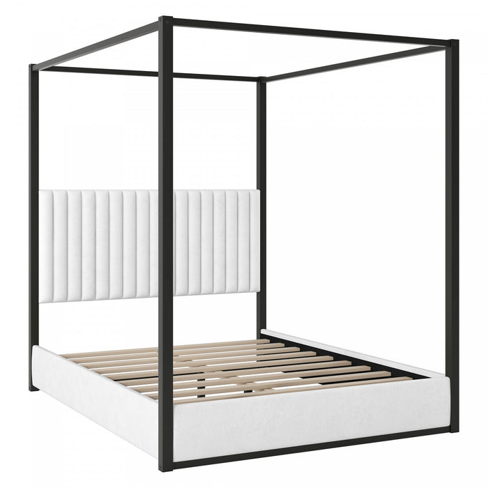 Lit plateforme Sophia a baldaquin avec tete de lit en mousse et velours, taille queen, noir